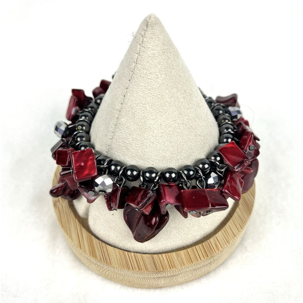 Chunky Bracelet Red Cha Cha Stretch Dyed Mother of Pearl Boho Fringe 7in Dia